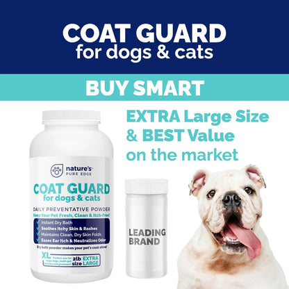Coat Guard Dry Shampoo for Dogs and Cats - Extra Large 2 lbs Jar, Dog Dry Shampoo Powder, Waterless Dog Shampoo, Anti Itch Relief, Cedar Scented, Anti Dandruff, Hot Spots, Nature's Pure Edge