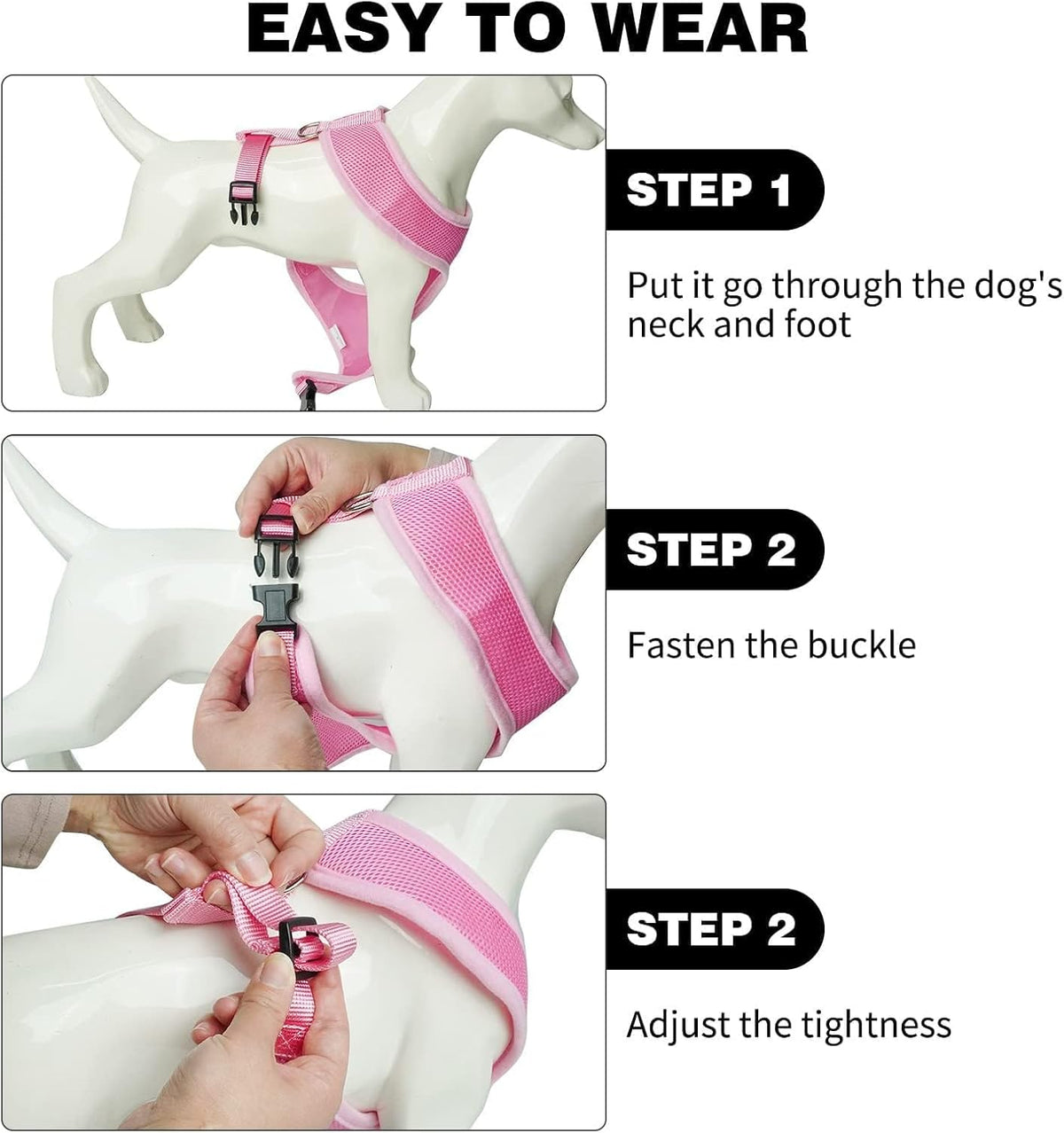 BINGPET No Pull Dog Harness Medium Sized,Breathable Mesh Puppy Cat Harnesses,Pink, M