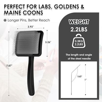 Large Dog Slicker Brush & Comb Set with Leather Sleeves - Long Pin Deshedding Brush for Golden Retrievers, Poodles, Doodles & Thick Coats, Wood Handle Pet Grooming Kit for Dogs, Cats. Black