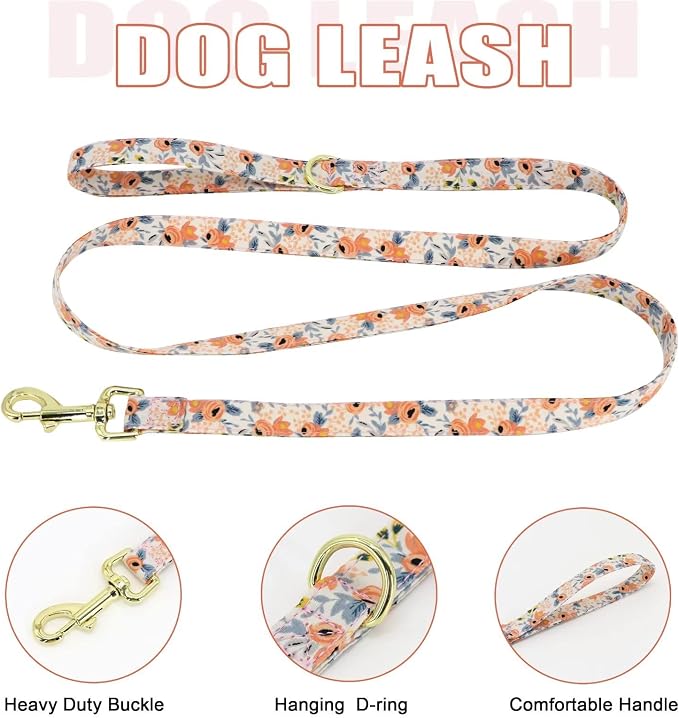 Beirui Cute Dog Collars,Harnesses,Leashes Set, Floral Pattern, Orange,S | Girl Dog Harness Set with Flower, Adjustable and Soft Mesh Lining, For Small Dogs Daily Walks