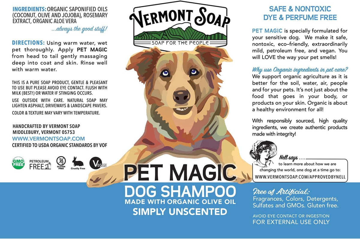VERMONT SOAP Organics Pet Shampoo - Infused with Organic & Natural Olive Oil, Coconut & Aloe Vera Dog Shampoo for Sensitive Skin - USDA Certified Grooming - Unscented (640oz)