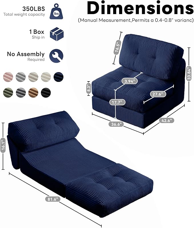 Tbfit 35.8'' Folding Sofa Bed, Convertible Sleeper Chair with Large Pillow, Corduroy Folding Couch Bed, Portable & Foldable Mattress Boneless Floor Sofa Set of 2, Blue