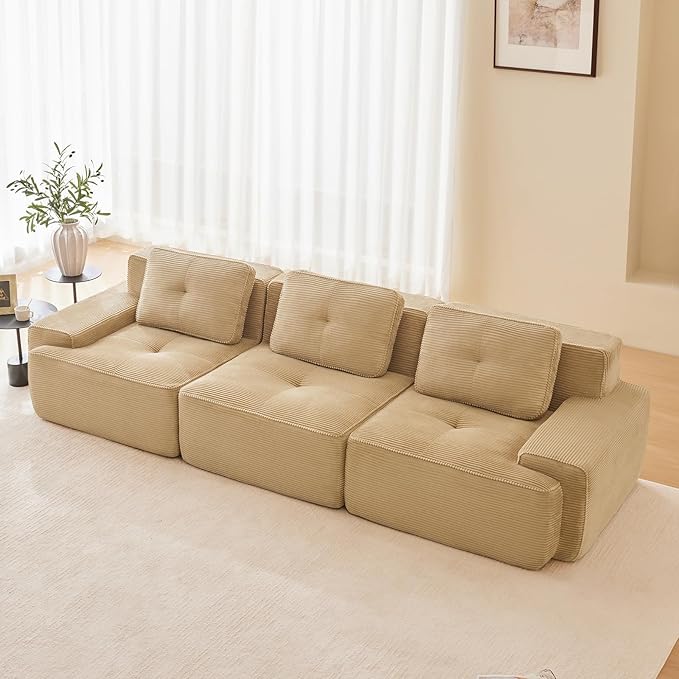 115" Modern Corduroy Cloud Sofa, Boneless Modular Large Sectional Couches for Living Room, Camel 3 Seater Compressed Memory Foam Couch, Extra Deep Seat, No Assembly