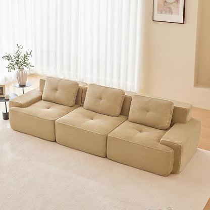 115" Modern Corduroy Cloud Sofa, Boneless Modular Large Sectional Couches for Living Room, Camel 3 Seater Compressed Memory Foam Couch, Extra Deep Seat, No Assembly