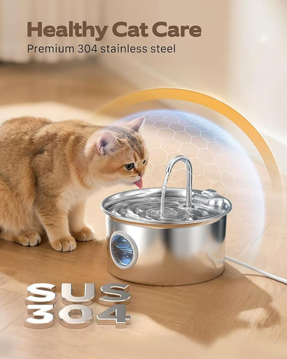 Pet Water Fountain Stainless Steel: Mental Cat Water Fountains with 8 Filters + 8 Sponges - 88oz/2.6L Noiseless Cats Waterer Bowl Dispenser - ATMZIQXR Kitten Drinking Fountains for Cats Indoor