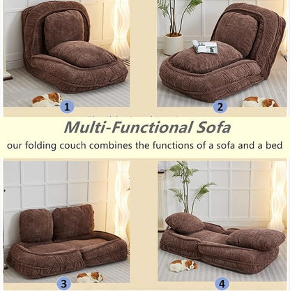 Foldable Lazy Sofa Bed with 5 Levels Adjustable Backrest, Brown | Comfy Upholstered Human Dog Bed for Adults and Pets, Lazy Floor Lounger with 2 Soft Cushions for Living Room Bedroom