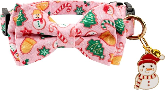 2 Pack Cotton Cat Collar with Bow Tie and Bell for Girl Boy Cats,Cute Green Santa Claus and Pink Snowman Pattern Christmas Breakaway Cat Collar for Male Female Cats (Santa Claus & Snowman)