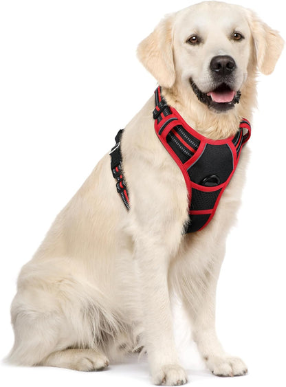 rabbitgoo Dog Harness No Pull with 2 Leash Clips, Adjustable Soft Padded, Reflective Oxford No Choke Pet Vest with Easy Control Handle for Large Dogs, Black & Red, XL