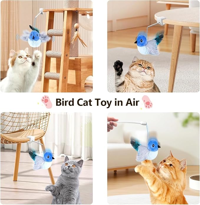 Migipaws Interactive Flapping Bird Cat Toys with Rod, clamp, Elastic String and Catnip, Automatic Chirping Toys for Indoor Cats to Chase, Hanging Feathers for Kitten to Self Play,Rechargeable(Blue)