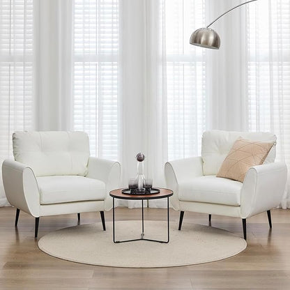 TYBOATLE Accent Chairs Set of 2, Comfy Modern Living Room Chair White Faux Leather Reading Accent Chairs Tufted Mid Century Arm Chair Small Salon Chairs for Office Bedroom (2, White)