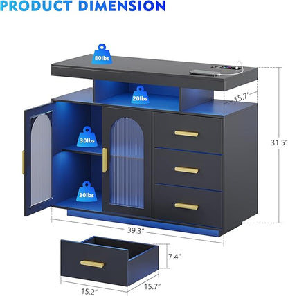 40" LED Buffet Cabinet with Charging Station, Auto Sensor Kitchen Storage
