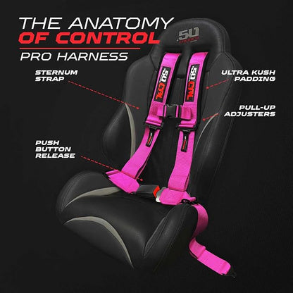 1pc 50 Cal Pink 4 Point Harness 2in Straps, Racing Harness Seat Belt | Ultra Kush padding, Push Button quick release hardware. Universal Fit for UTV, RZR, race car.