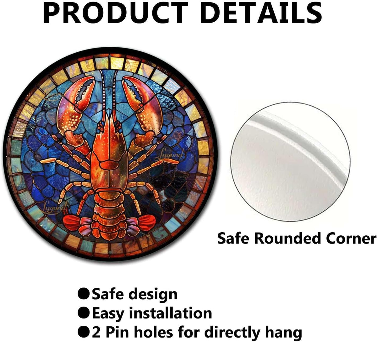 Lygond Metal Sign Tin Sign Circular Stained Glass Lobster Gardening Poster for Club 8×8 Inches