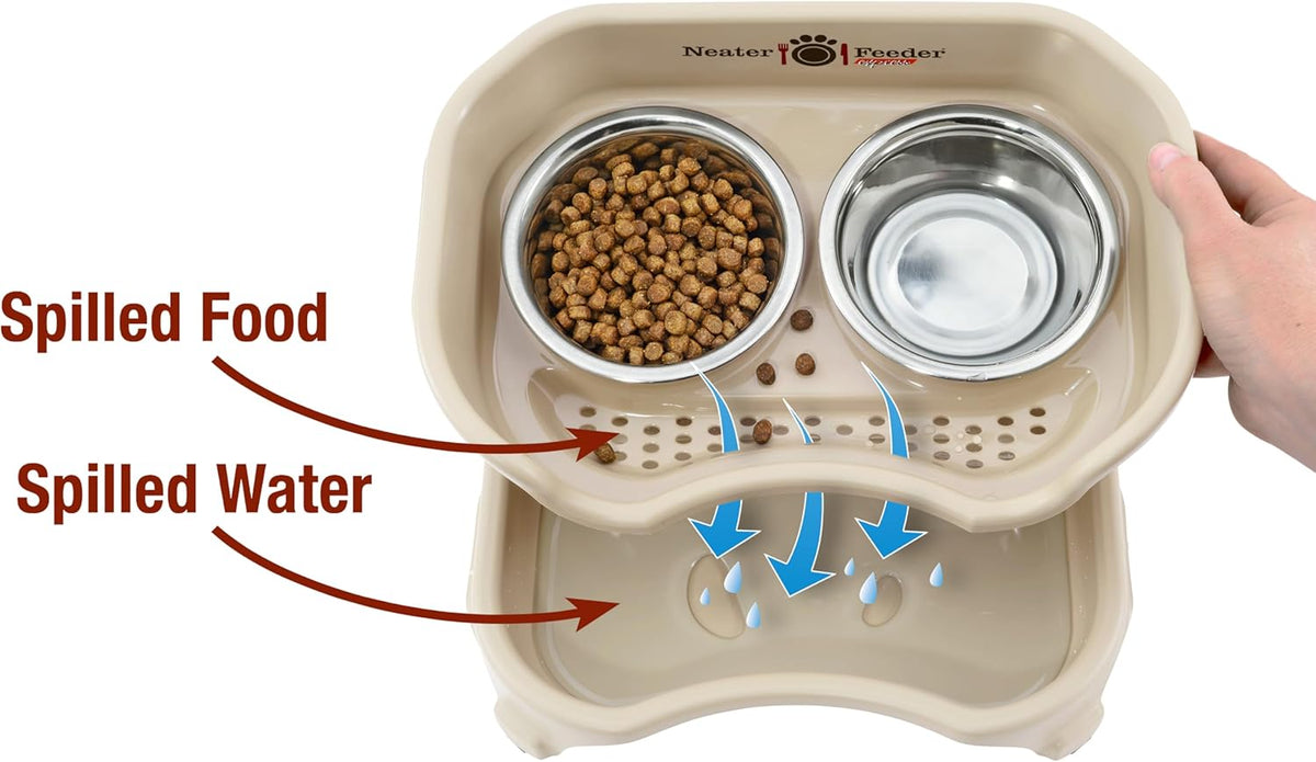 Neater Feeder Express Mess Proof Cat Bowls Elevated, No Spill Feeding Station, Stainless Steel Dishes for Food and Water, Raised Bowls for Indoor Cats, No Fatigue Whisker Friendly Dish, Almond