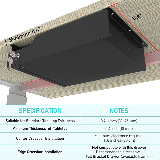 Under Desk Drawer Storage with Lock, Metal Undermount Table Drawer, Ball