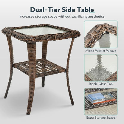 Outdoor Swivel Glider Chairs - 3 Pieces Hollow Widen Armrests Wicker Patio Furniture Set with Side Table, High Back Outside Swivel Rocker for Balcony Porch Deck and Yard - Brown/Gray