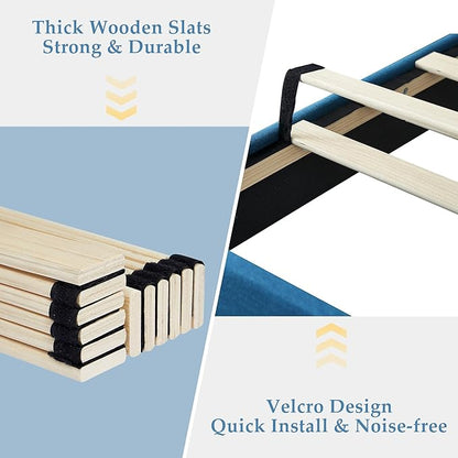 VECELO Full Size Bed Frame with Adjustable Headboard, Upholstered Button Tufted Platform Bedframe with Wood Slats Support, No Box Spring Needed, Aegean Blue