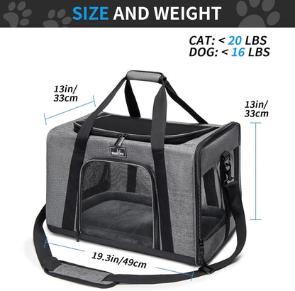Pet Carrier for Medium Large Cats and Dogs, Dog Carrier Travel Bag with Adequate Ventilation, 5 Mesh Windows, 3 Entrance, Locking Safety Zippers, Padded Shoulder and Carrying Strap, Large