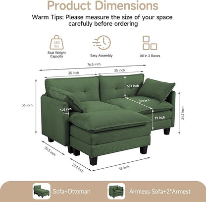 Amsleekey Modular Sectional Sofa, 76.5" L-Shaped Corduroy Comfy Sectional Couches for Living Room, 2-Seater Cloud Couches with 1 Movable Ottoman, Flexible Combination Modern Deep Seat Sofa (Green)