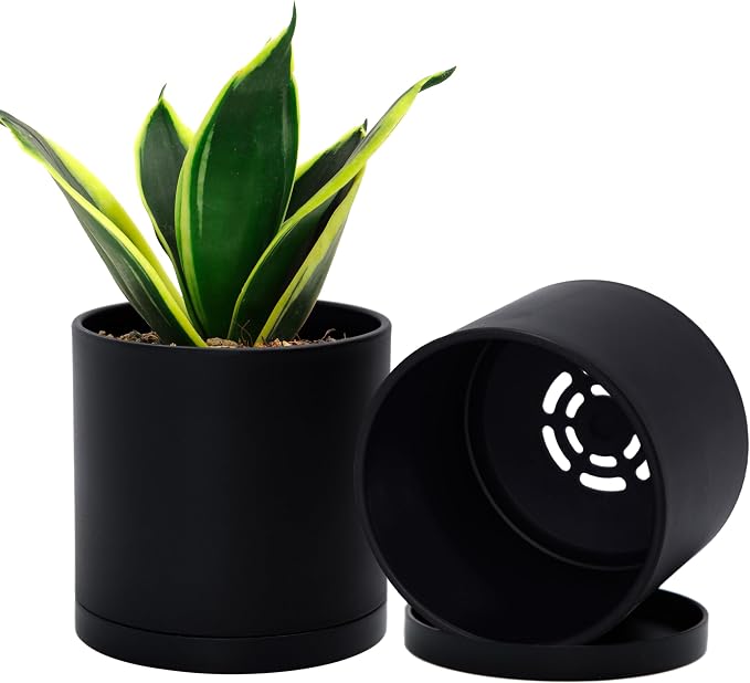 D'vine Dev 2 Pack 4.5 Inch Modern Plastic Plant Pots, Small Garden Planters for Plant with Drainage Holes and Saucers, Black Color, 74-Y-F-1