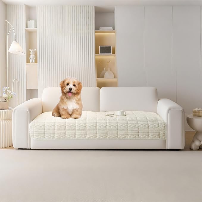 HANDONTIME Couch Cover for Dogs Washable, Fuzzy Sofa Cover for Pets Geometric Jacquard Non-Slip Couch Protector for Dogs Pet-Friendly Sectional Cushion Covers Pet Furniture Cover (Beige,35.4" x 82.7")