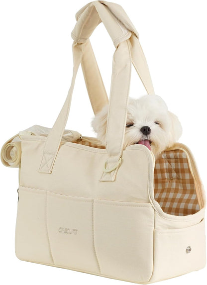Dog Purse Carrier for Small Dogs Rabbit cat with Large Pockets, Cotton Bag, Dog Carrier Soft Sided, Collapsible Travel Puppy Carrier (Beige, 13.6" L x 6.5" W x 10" H)