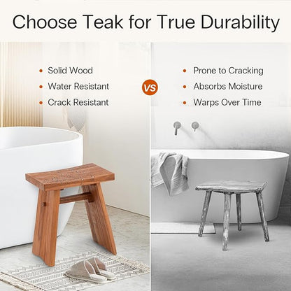 StrongTek Teak Shower Stool, 18-Inch Pre-Oiled Solid Teak Wood Bath Seat Bench for Bathroom, Spa & Home, Ergonomic Curved Seat, Water-Resistant, 350 lbs Capacity, Stable and Durable Design (Natural)