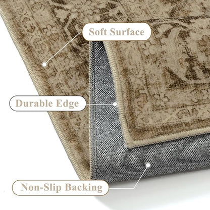 Brown 2x6 Runner Rug Hallway Non Slip Kitchen Vintage Distressed Long Carpet Indoor Machine Washable Traditional Floral Bedroom Accent Throw Rug for Office Laundry Bathroom Dining Living Room