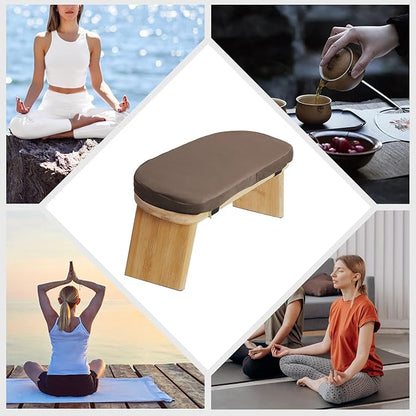 Meditation Bench, Portable Bamboo Meditation Bench Ergonomic Meditation Stool Comfortable Folding Kneeling Meditation Bench with Meditation Cushion for Longer Meditation (Coffee)