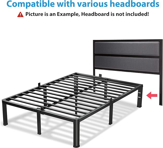 18 Inch Full Size Bed Frame, 3500Lbs Heavy Duty Metal Platform with Round Corner Legs Mattress Slide Stopper, Steel Slat Support No Box Spring Needed, Noise Free, Non-Slip, Easy Assembly