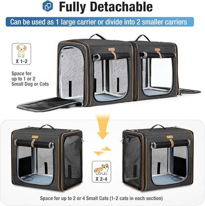 Lekereise Large Cat Carrier for 2 Cats, 2-in-1 Cat Travel Carrier with Litter Box, (17.7" x2) x16.5"x13" Pet Carrier with Zipper Locks for Moving Across The Country (No Hammock) - Black