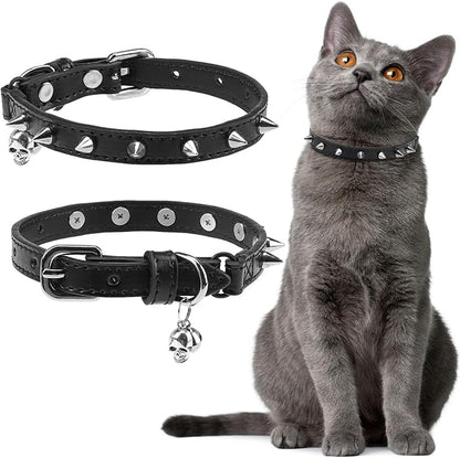 EXPAWLORER Leather Cat Collar for Girl Boy- Adjustable Pet Collar with Safety Elastic Belt,Personalized Punk Accessories Buckle Collars with Bell & Durable D-Ring,Pure Rivets(Black)