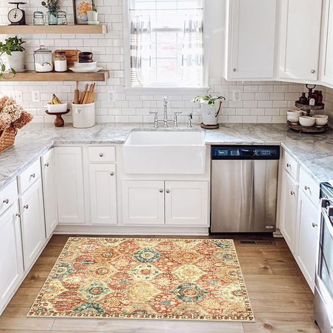 Lahome Kitchen Rugs Non Slip Washable Rugs for Entryway, 2x4 Rug Non-Slip Moroccan Trellis Ultra-Thin Indoor Door Mat Small Carpet for Bathroom Bedroom Entry, Red/Orange