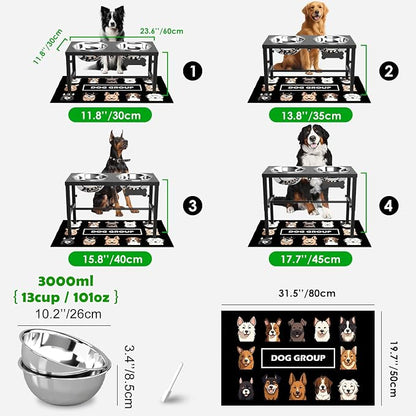 SHAINFUN Elevated Dog Bowls with Mat for Large & Extra Large Dogs, Raised Dog Bowl Stand with Two 101oz Stainless Steel Bowls, Tall Dogs Food Water Bowl Holder