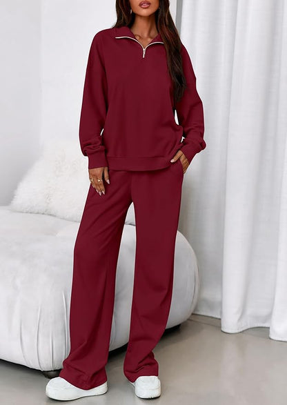 PRETTYGARDEN Womens Casual Two Piece Sets Fall 2026 Outfits Quarter Zip Sweatshirts Straight Leg Pants Sweatsuits Tracksuit
