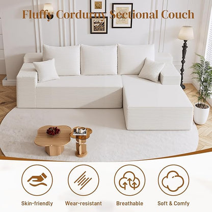 108" Boneless Cloud Sectional Couches for Living Room, Comfy Fluffy L Shaped Memory Foam Deep Seat Boneless Couch, Modular Sectional Sofa with Right Facing Chaise, White