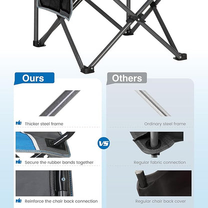 HIGH POINT SPORTS Portable Camping Chair, Heavy Duty Outdoor Folding Chair with Armrest, Foldable Camp Chair with Cup Holder, Portable Lawn Chair for Adults Support 350 LBS, Blue-Gray