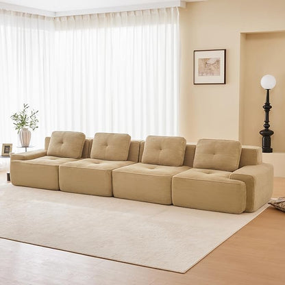 150" Modern Corduroy Cloud Sofa, Boneless Modular Large Sectional Couches for Living Room, Camel 4 Seater Compressed Memory Foam Couch, Extra Deep Seat, No Assembly