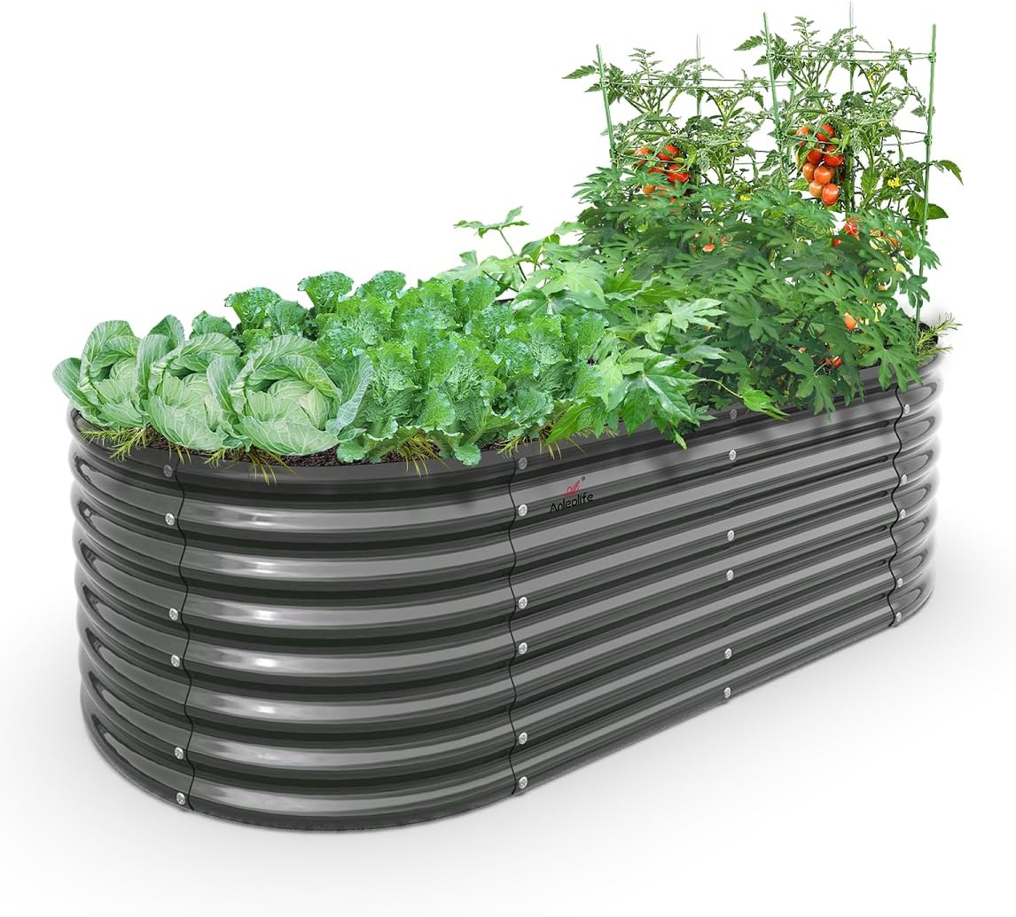 A ANLEOLIFE 6X3X2 ft Galvanized Raised Garden Beds Outdoor, Oval Large Metal Deep Root Planter Box for Planting Vegetables Flowers Herb, Anti-Rust & Easy-Setup, Quartz Grey