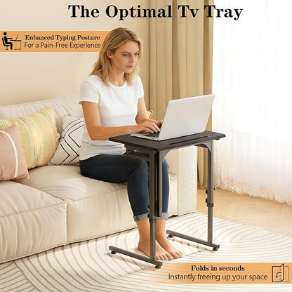 Adjustable Height Tv Tray Table,Portable Folding Tv Tray Dinner Snack Trays Table,Small Foldable C-Shaped End Table for Eating,Slide Under Couch Side with Sturdy MDF Top,No Assembly(Black+Black)