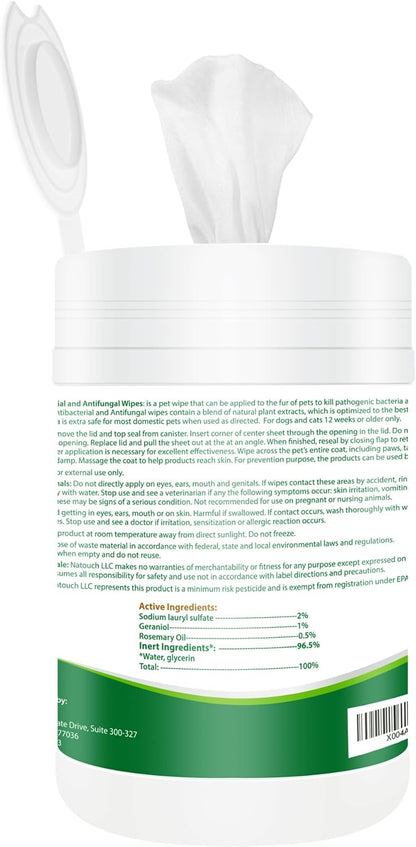 Antifungal and Antibacterial Wipes for Dogs & Cats, Dog Yeast Infection Treatment Wipes, All Natural Grooming Wipes for Cleaning, Help with Hot Spots, Ringworm, and Skin Infections, 80 Count