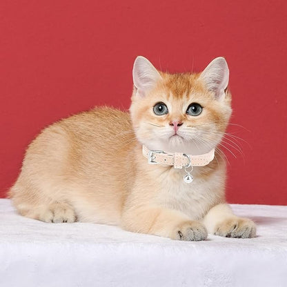 PUPTECK 2 PCS Soft Genuine Leather Cat Kitten Collar with Bells Adjustable for Girl Boy Cats Puppy - Cream, Brown