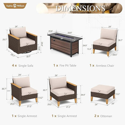 Sophia & William Patio Furniture Set with 56" Fire Pit Table & Swivel Chairs, 10 Piece Outdoor Sectional Furniture Wicker Modular Sofa Couch, Conversation Set for Deck Backyard Lawn, Beige