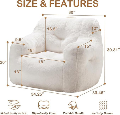 Hobestluk Bean Bag Chair for Adult Small Bean Bag Chairs with Arms Furry Beanbag Chair with Foam Filler Stuffed Bean Bag Sofa for Reading in Bedroom Living Room and Dorms(White)