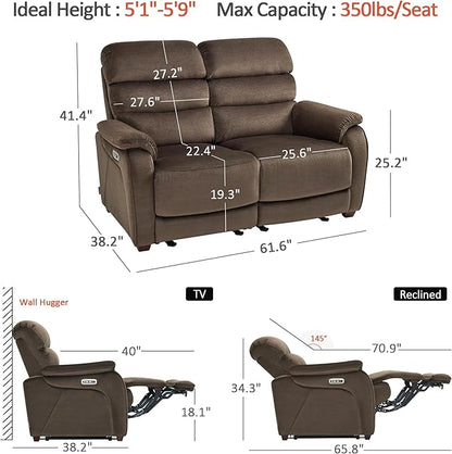 MCombo 61.6'' Wall Hugger Power Loveseat Recliner, Reclining Loveseat with Adjustable Headrest, USB Charge Ports, Wood Legs for Living Room, RVs, Small Spaces, Fabric ST258M1 (Loveseat, Coffee)