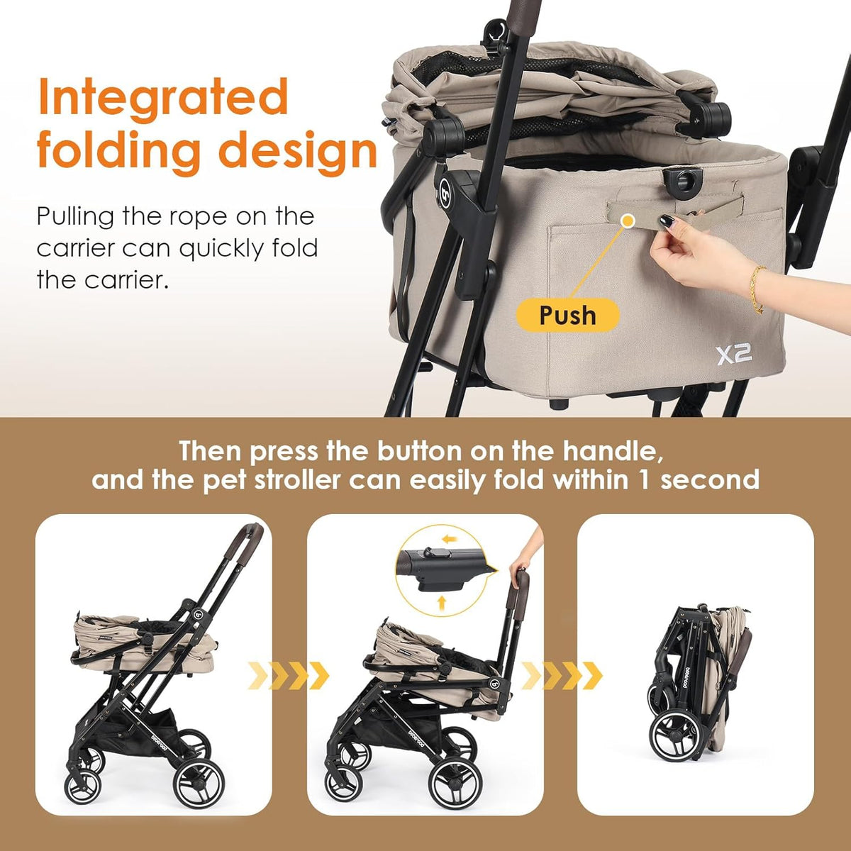 X2 Pet Stroller, Dog Cat Stroller for Small Pets Under 44lbs, Equipped with Detachable & Foldable Carrier, Waterproof Pad & Sunshade Canopy,Camel (Camel)