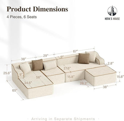 HERA'S HOUSE 134" Cloud Sectional Couch, U-Shaped Modular Upholstered Sofa with Ottoman, Corduroy Boneless Couches with Wide Armrest and 6 Throw Pillows for Living Room, No Assembly Required, Beige