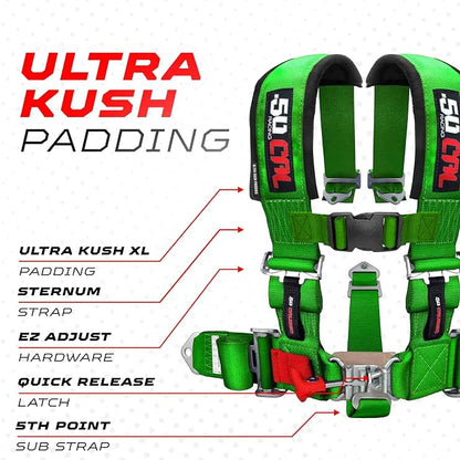 1pc 50 Cal Green 5 Point Harness w/ 2" straps, Racing Harness Seat Belt | Ultra Kush padding, Race latch quick release hardware. Universal Fit for UTV, RZR, race car. Part# 6009A1
