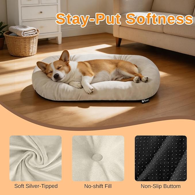 Washable Oval Dog Bedfor Medium Dogs,Silver-Tipped High-Resilience,Beige | Non-Slip Bottom Prevents Sliding, Soft Plush Short Fur, Machine Washable, Ideal for Crates/Apartments/Cozy Nooks,29"x18"x2.8"
