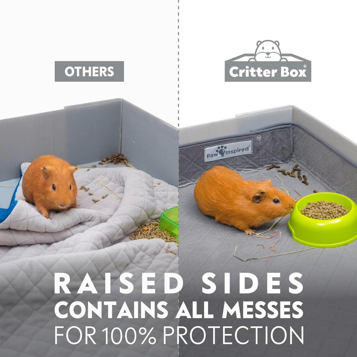 Paw Inspired Critter Box Washable Cage Liner, Reversible Fleece Bedding with Raised Sides for Guinea Pigs and Other Small Animals (C&C 2x3 (14" Grids), Gray/Green)